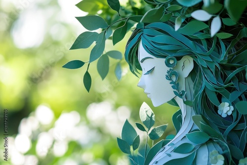 Close-up of an intricate paper cut-out sculpture of the goddess Daphne with blue hair and a green dress in a field of white flowers