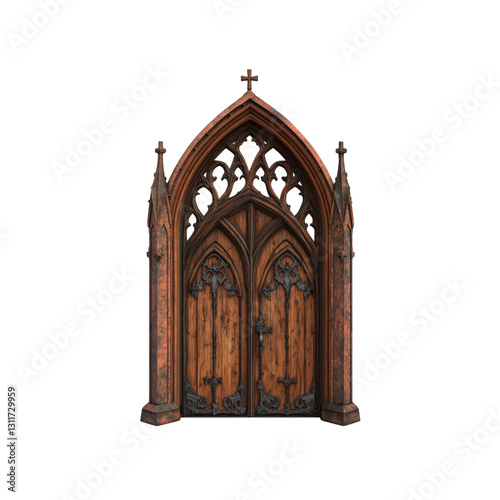 Ornate Gothic Wooden Church Door with Intricate Carving