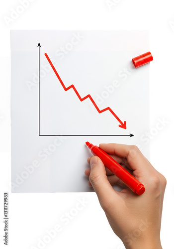 Declining graph drawn with red marker on white paper. isolated on white or transparent png background