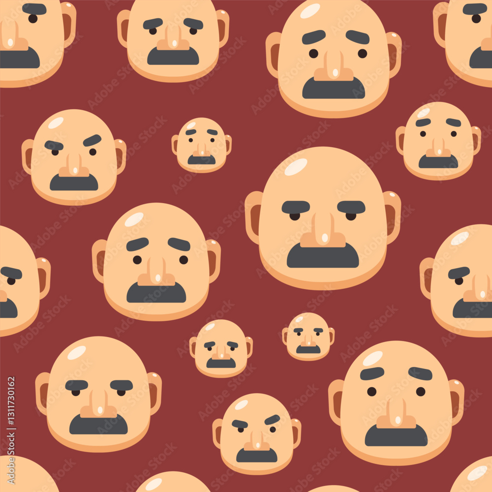Funny seamless pattern with round faces european hairless male head on dark background, Vector illustration of bald man with different emojis, cartoon character for print, fabric, barbershop, cosmetic Funny seamless pattern with round faces european hairless male head on dark background, Vector illustration of bald man with different emojis, cartoon character for print, fabric, barbershop, cosmetic