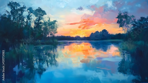 Vibrant sunset reflected in calm lake water, surrounded by lush trees.