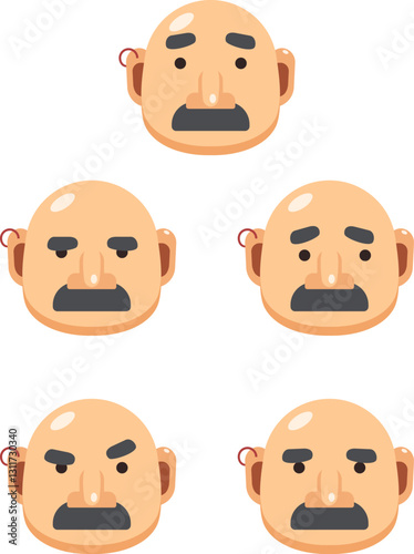 Set of Isolated Vector illustration of bald man head with pirate earring and different emotions, hairless male funny avatar icon, flat style cartoon character, emojis sad, upset, angry, surprised