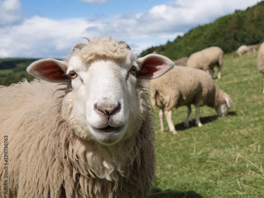 Obraz premium Close-up of a sheep with a fluffy coat grazing in a lush green field under a blue sky.