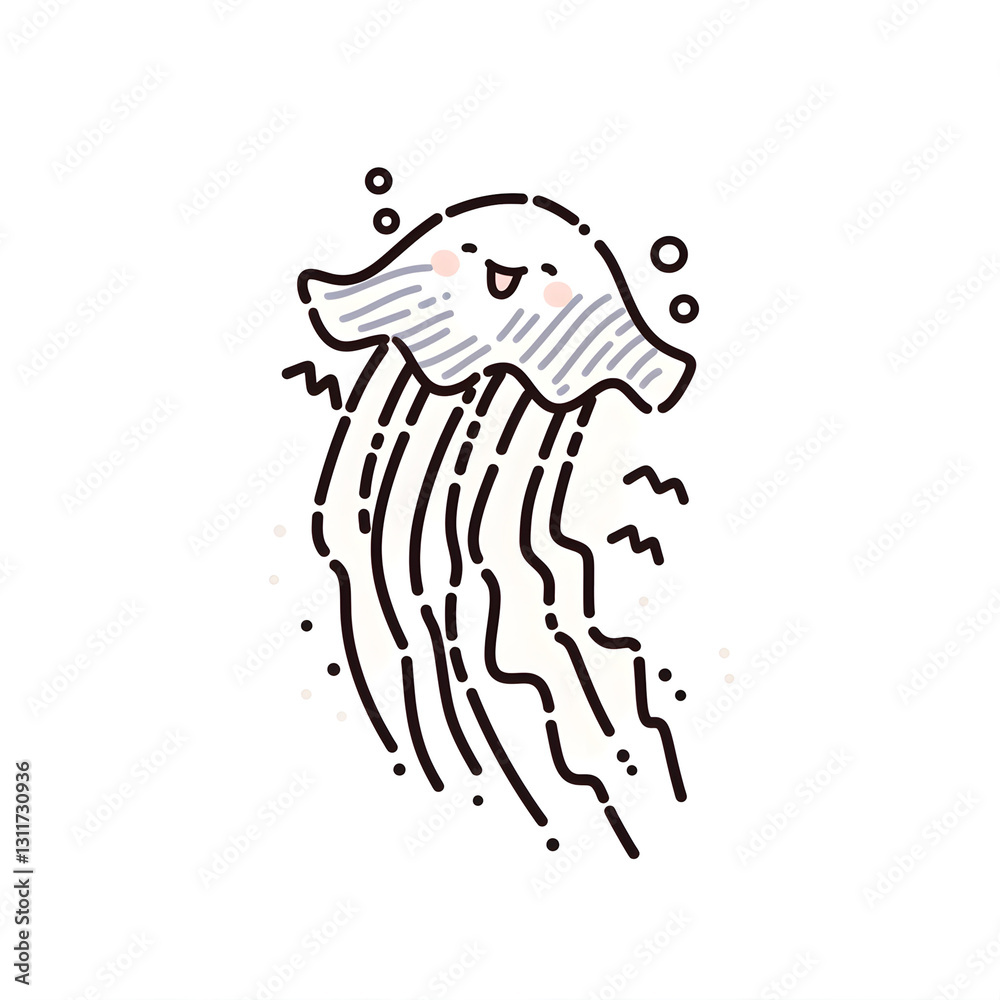 Naklejka premium smiling happy jellyfish artwork, Simple colors, intricate line art with waves
