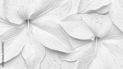 Close-up of white floral petals with water droplets in soft lighting