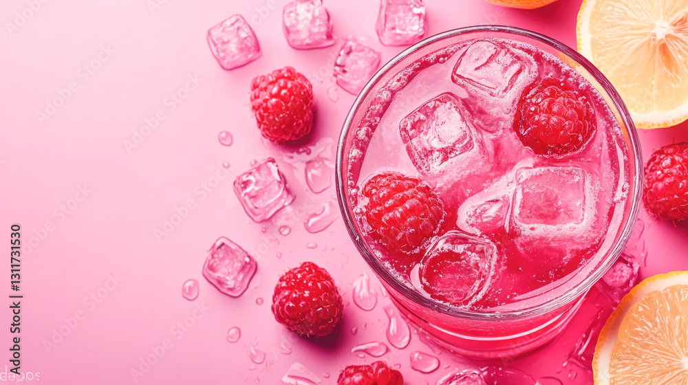 Naklejka premium Refreshing raspberry lemonade with ice cubes on pink background