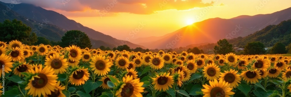 Fototapeta premium Golden hour illuminates vibrant sunflower field nestled in mountain valley , landscape, flower field, sunlit