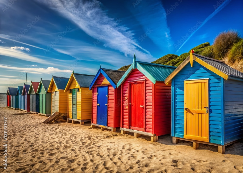 Vibrant Summer Beach Huts: Colorful Cabanas Under a Clear Blue Sky Vibrant Summer Beach Huts: Colorful Cabanas Under a Clear Blue Sky