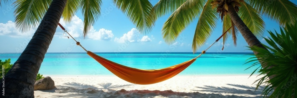 Hammock nestled among lush palms overlooking tranquil Maldivian sands , landscape, luxury, sea Hammock nestled among lush palms overlooking tranquil Maldivian sands , landscape, luxury, sea
