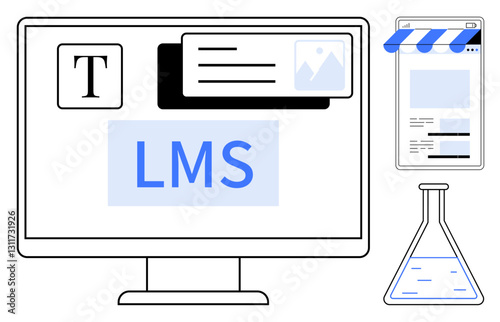 Computer screen showcasing LMS interface, icons for text and images, next to a smartphone with webpage elements and a laboratory flask. Ideal for education, e-learning, UI design, innovation