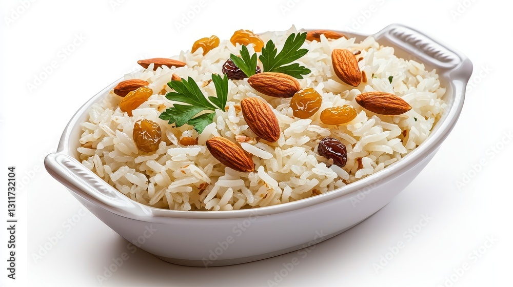 Sweet Rice Dish with Almonds and Raisins in White Bowl Sweet Rice Dish with Almonds and Raisins in White Bowl