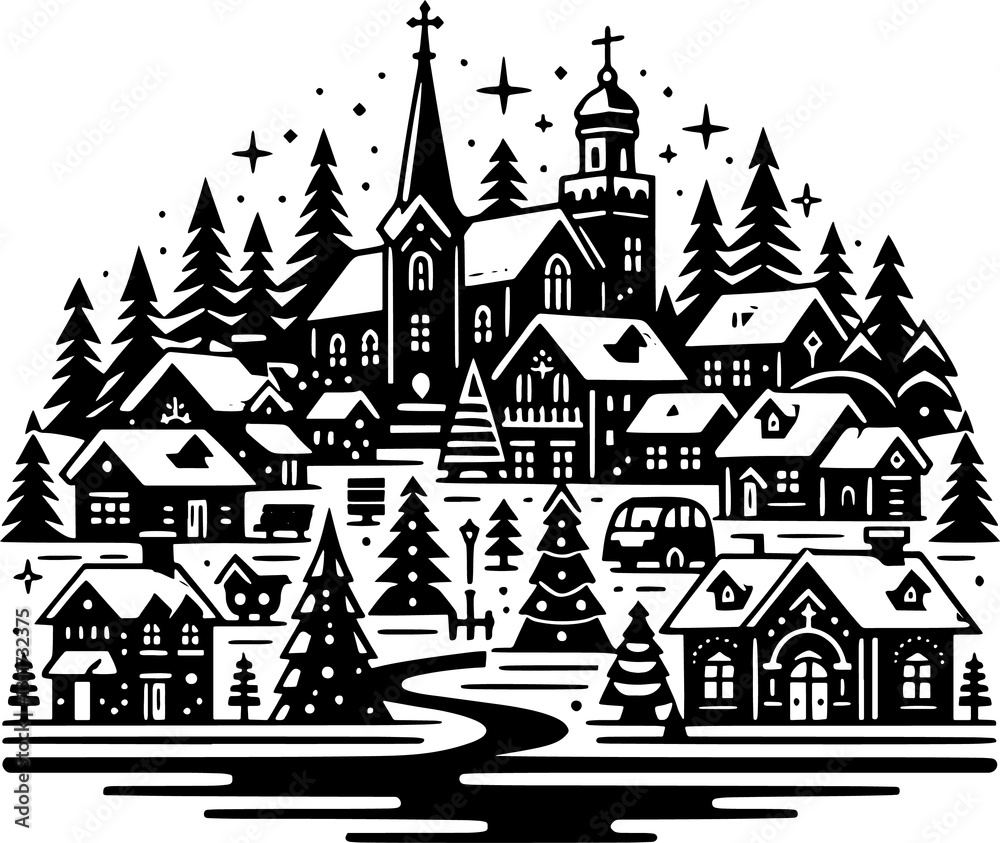 Fototapeta premium Webcastle, house, vector, building, architecture, illustration, cartoon, town, city, tower, fantasy, fairytale, home, art, medieval, drawing, design, fairy, old, village, princess, silhouette, christm
