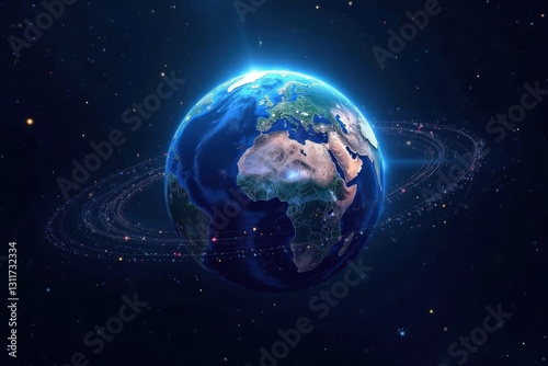 Intricate network of lines surrounding a vibrant blue planet , innovation, world, nexus