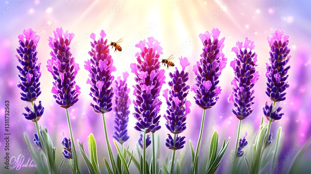 Naklejka premium Radiant Lavender Flowers with Honeybees in Soft Light