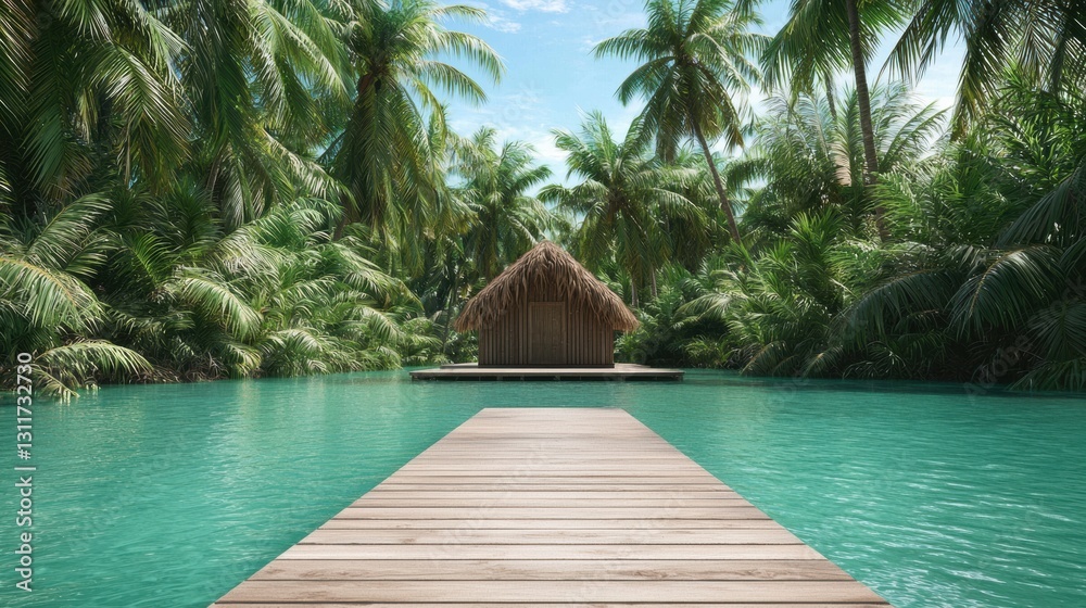 Obraz premium A serene tropical paradise featuring a wooden walkway leading to a quaint hut amid lush palm trees over crystal-clear water, evoking peace and tranquility.