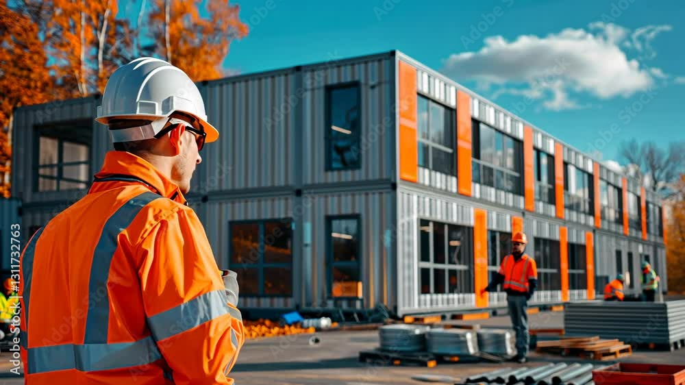 modular office and home construction with workers on-site