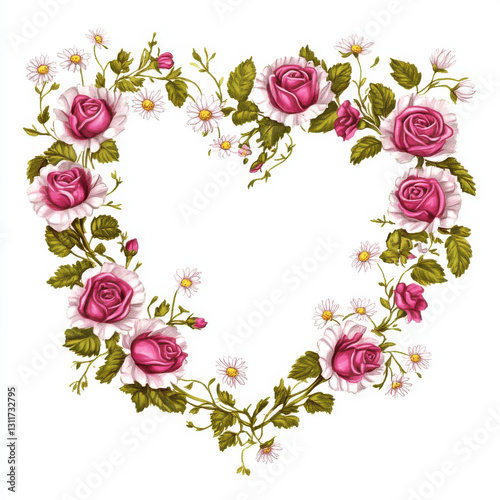 Floral heart design featuring pink roses and daisies, perfect for romantic themes and decorations. This beautiful arrangement evokes love and elegance
