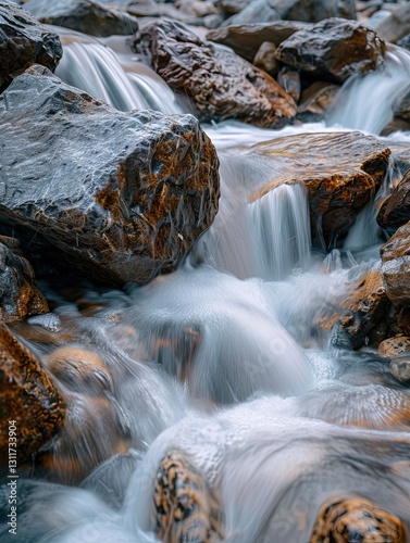 Cascading waters over rugged rocks, a serene mountain stream scene photo