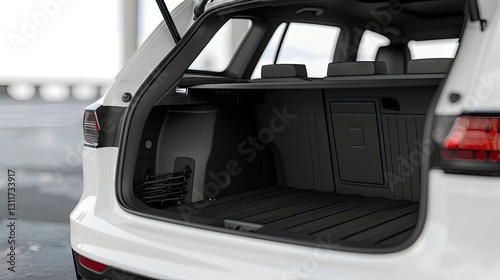 White modern SUV with open trunk showcasing spacious black interior and floor mats, set against a blurred urban background with soft lighting.