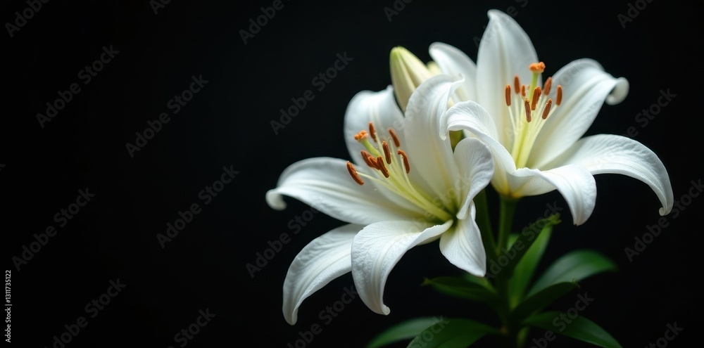 Naklejka premium Pure white lilies cluster on black, dramatic lighting, floral design, close up, lilies