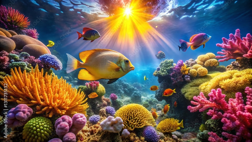Obraz premium Vibrant Tropical Reef Scene with Foxface Rabbitfish Swimming in Coral
