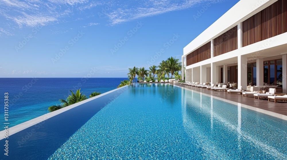 Fototapeta premium Luxury oceanside resort featuring an infinity pool overlooking vast blue waters, palm trees, and modern architecture under a clear sky, perfect for a tropical getaway.