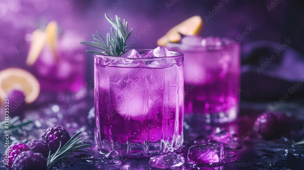 Refreshing purple cocktail with ice and fresh berries in elegant glasses Refreshing purple cocktail with ice and fresh berries in elegant glasses