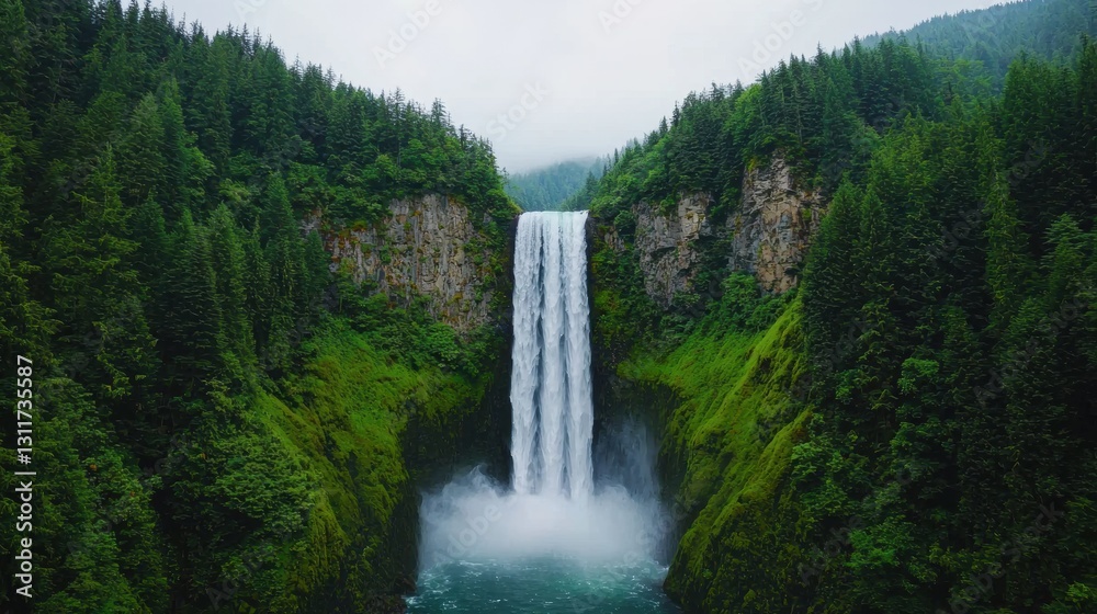 Fototapeta premium Majestic waterfall cascading through lush green forested cliffs, enveloped in mist, showcasing nature's raw beauty and tranquility in a serene, untouched wilderness setting.