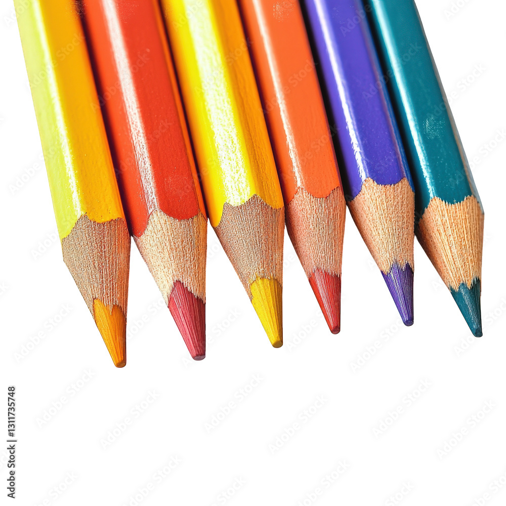 six colored pencils arranged in a row. showcasing a variety of vibrant colors including yellow. orange. red. purple. and green the sharpened tips highlight the colors. suggesting a focus on art and cr six colored pencils arranged in a row. showcasing a variety of vibrant colors including yellow. orange. red. purple. and green the sharpened tips highlight the colors. suggesting a focus on art and cr