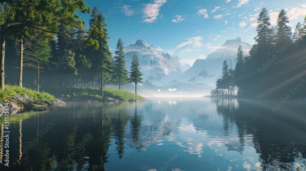 Naklejka premium Serene lake reflecting majestic mountains under clear blue sky surrounded by lush green trees creates a tranquil escape in nature's beauty