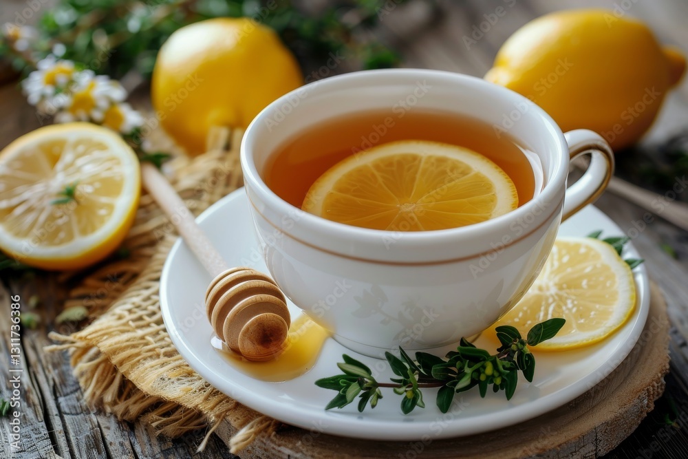 Warm herbal tea with lemon and honey on a rustic table surrounded by fresh lemons and herbs Warm herbal tea with lemon and honey on a rustic table surrounded by fresh lemons and herbs