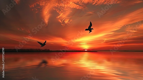 Vibrant sunset over a calm water surface with silhouettes of flying birds against an orange and purple sky, creating a serene and picturesque scene.