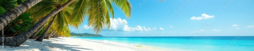 Slender palm trees sway gently on a pristine beach, turquoise ocean in the background , vacation, bright, sunshine Slender palm trees sway gently on a pristine beach, turquoise ocean in the background , vacation, bright, sunshine