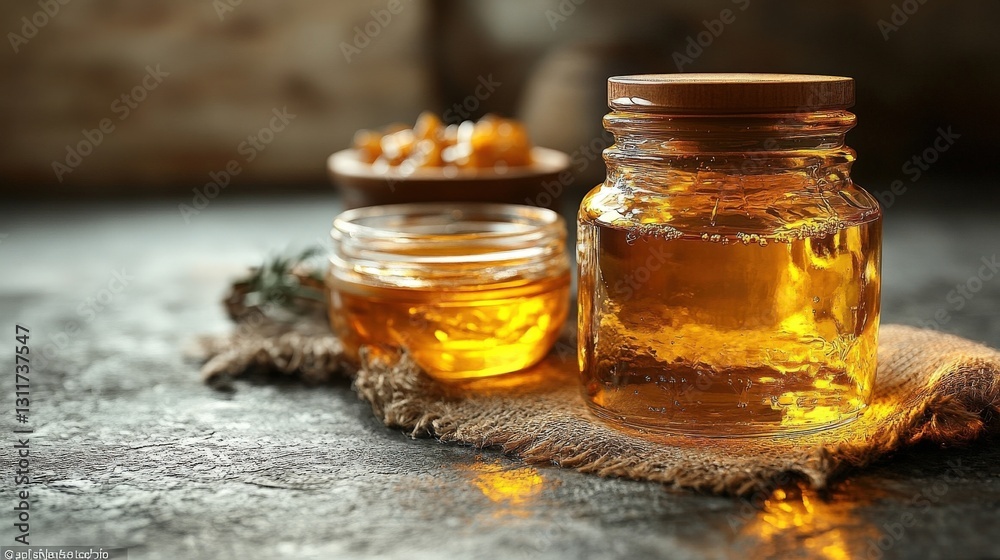 Golden Honey in Glass Jars on Rustic Surface Golden Honey in Glass Jars on Rustic Surface