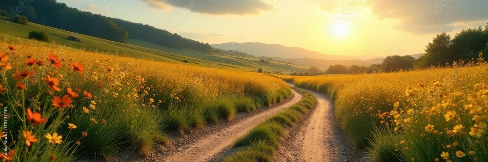 Fototapeta premium Sun-drenched dirt road winds through vibrant wildflowers, rural landscape , image, serene, clouds