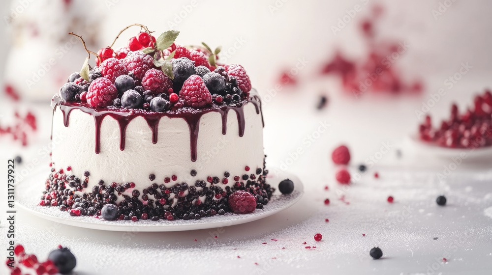 Berry-decorated white cake with dripping icing on ceramic plate