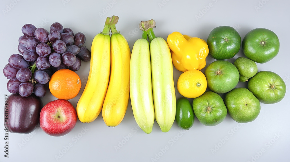 Colorful arrange of fresh fruits including grapes, bananas, peppers, and citrus Colorful arrange of fresh fruits including grapes, bananas, peppers, and citrus