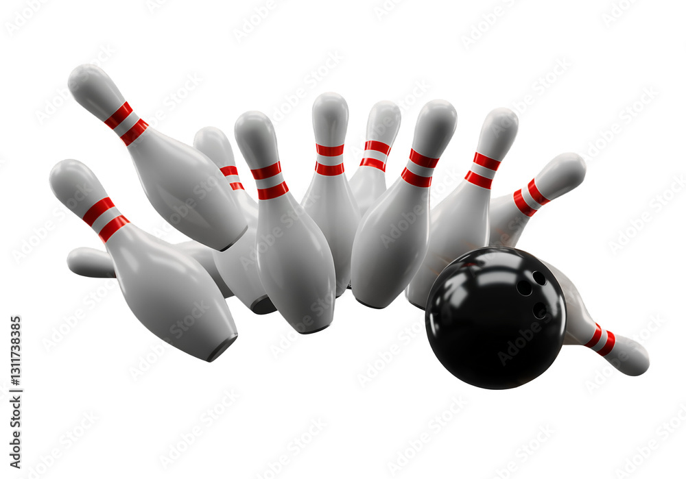 Bowling Pins and Ball in a Dynamic Strike Pose isolated on white or transparent png background Bowling Pins and Ball in a Dynamic Strike Pose isolated on white or transparent png background