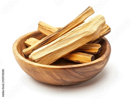 Aromatic palo santo sticks in wooden bowl for aromatherapy session