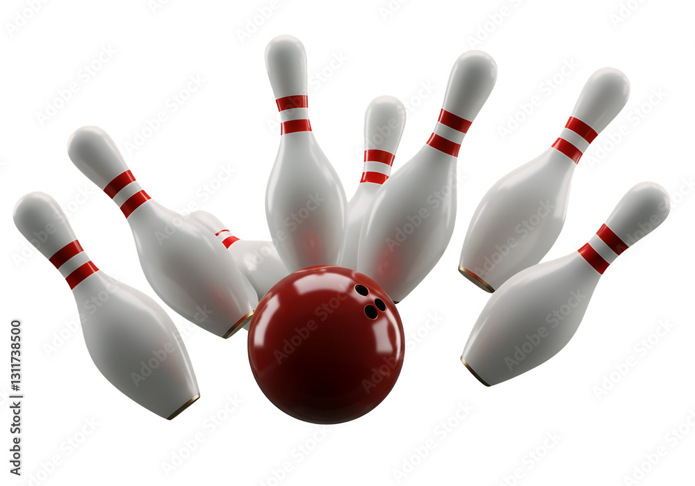 Bowling Pins and Ball in a Dynamic Strike Pose isolated on white or transparent png background Bowling Pins and Ball in a Dynamic Strike Pose isolated on white or transparent png background