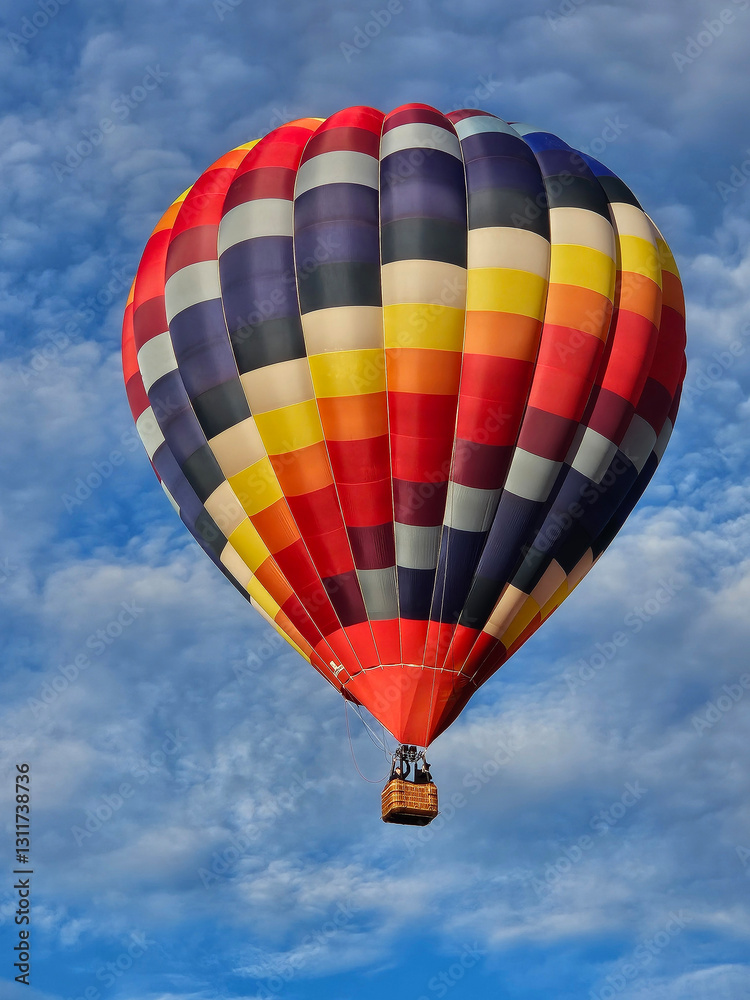 Fototapeta premium Looking up from below at a colorful hot air balloon flying in a sky with thin wispy white clouds.