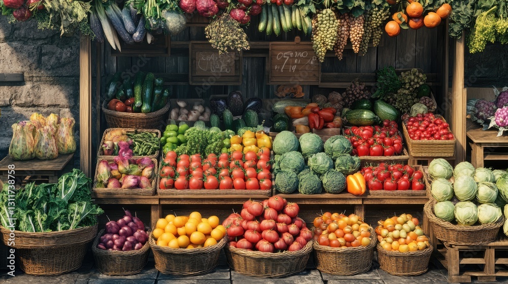 Abundance of Fresh Produce at Rustic Market Stall Display Abundance of Fresh Produce at Rustic Market Stall Display