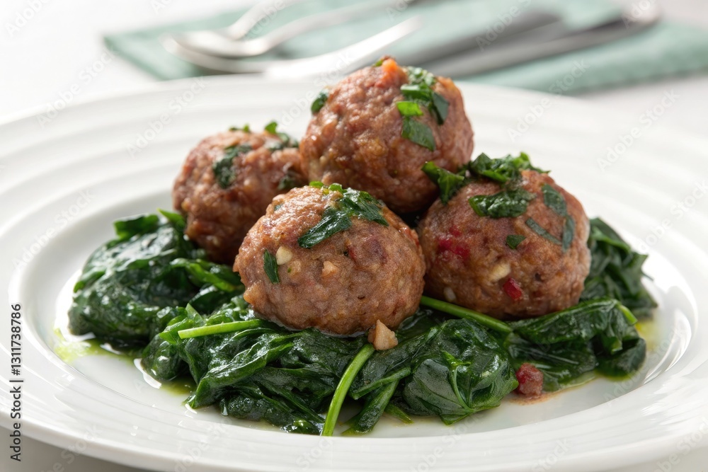 Juicy meatballs made from ground beef and pork, served on a bed of saut?ed spinach, comfort meal, pasta sauce, savory sauce, savory flavor, fresh spinach Juicy meatballs made from ground beef and pork, served on a bed of saut?ed spinach, comfort meal, pasta sauce, savory sauce, savory flavor, fresh spinach