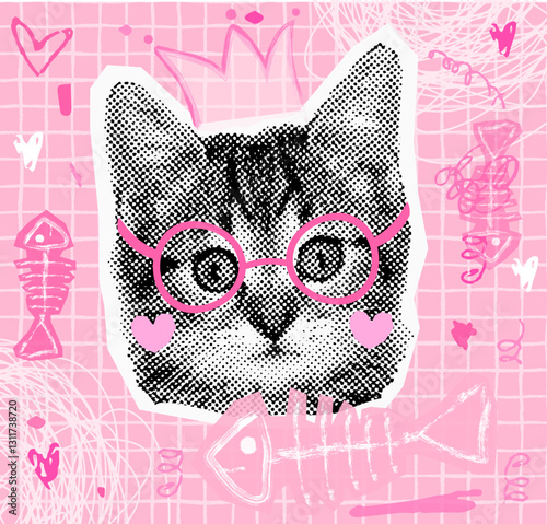 Cute vector girly princess halftone collage with cat face with crown, doodle fish bones half tone fun kitty head on pink plaid paper background