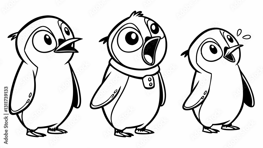Fototapeta premium Cartoon Penguins Expressing Different Emotions in Simple Black and White Line Art