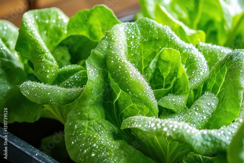 Close-up of vibrant green lettuce leaves covered in fresh water droplets, highlighting the crispness and freshness of this healthy salad ingredient, ideal for food photography. photo