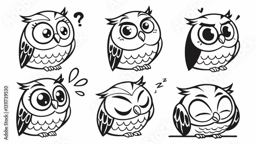 Cute Owl Cartoon Characters Vector Set Black and White Illustration Collection