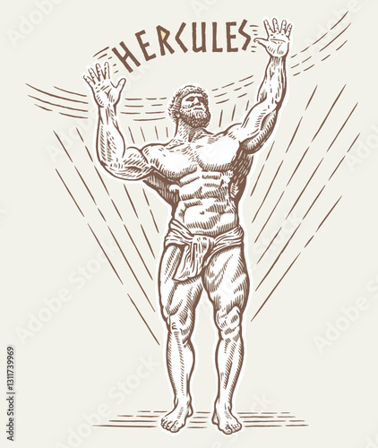 Hercules, a character from the myths of ancient Greece in the form of an athletically built man, an athlete, raised his hands up in the form of a greeting, demonstrating triumph of his power. 