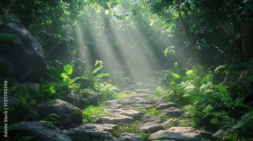 Obraz premium Sunlight filters through verdant leaves onto a charming stone path amidst an enchanting forest, casting dappled shadows and highlighting each rock with warmth