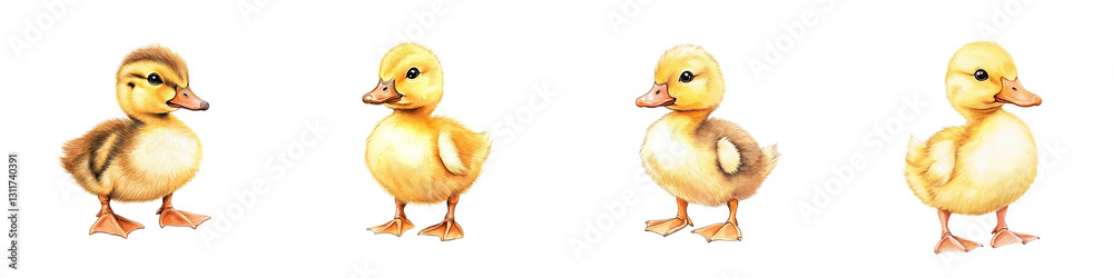 Fototapeta premium Four adorable ducklings stand in row, each with fluffy yellow feathers and small orange beaks, showcasing their cute and curious nature